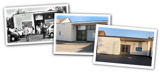 Photographs showing the front of the hall building over the years.